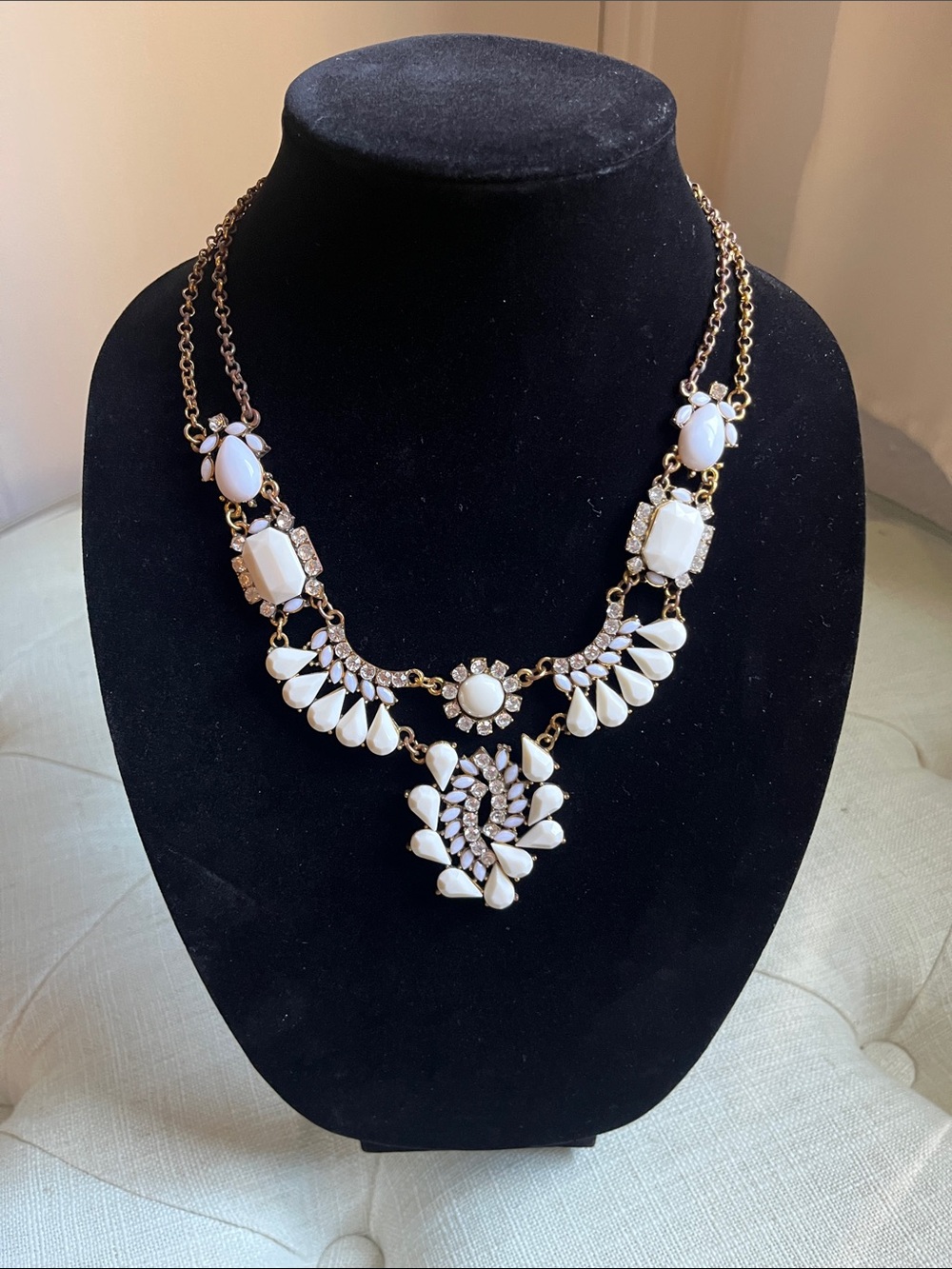 Gold-Tone White Cleopatra Style Statement Necklace White Stones and Crystals